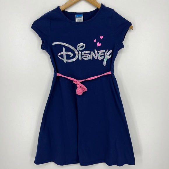 Disney Other - Disney Girls Blue Dress Silver Holographic Logo Pink‎ Braided Belt Size 10/12